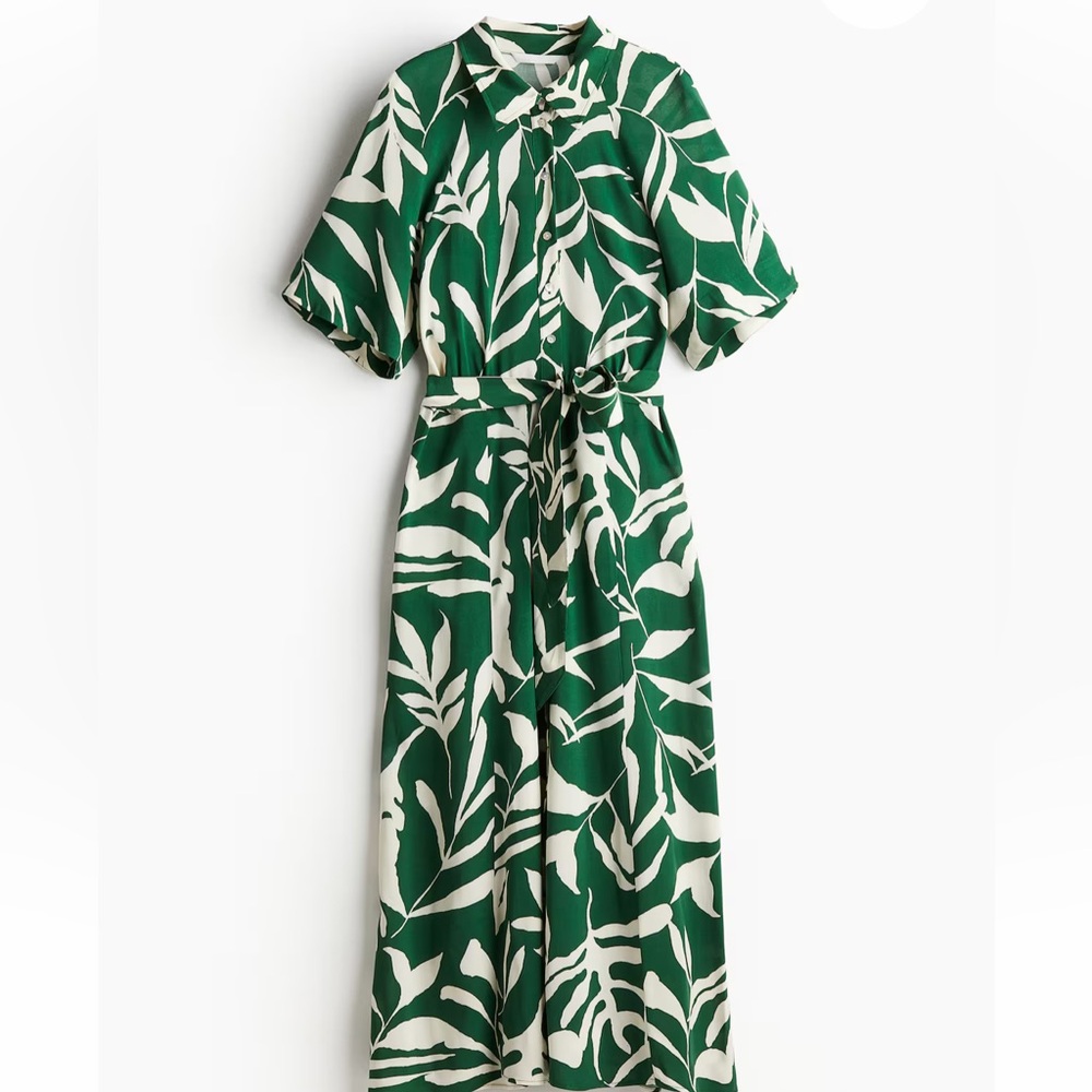 H&M Midi Green Leaf Print Dress 4X